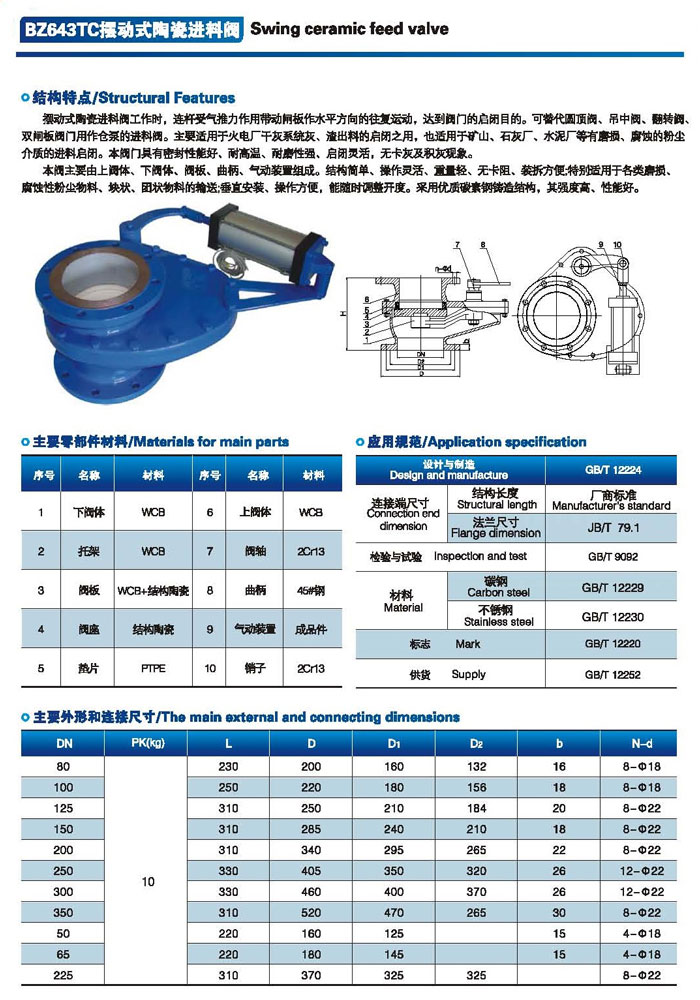 擺動式陶瓷進料閥規(guī)格型號BZ643TC結構圖1